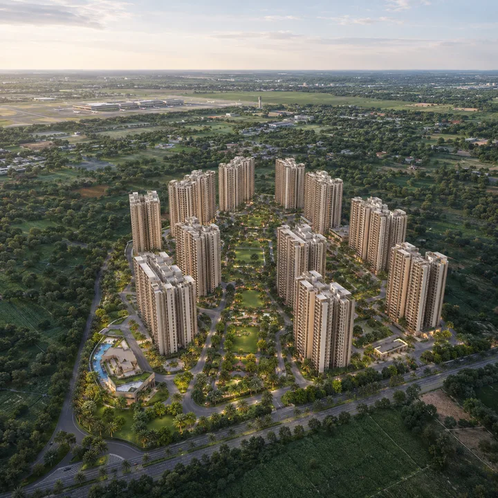 Godrej MSR City — Phase 3 aerial view of the 15-tower G+15 skyline within the 62-acre township at Shettigere, Devanahalli Godrej MSR City — Phase 3 aerial view of the 15-tower G+15 skyline within the 62-acre township at Shettigere, Devanahalli