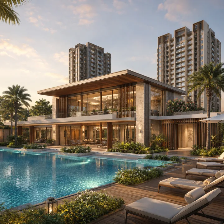 Godrej MSR City — Phase 3 clubhouse precinct opening onto the pool deck with the towers behind Godrej MSR City — Phase 3 clubhouse precinct opening onto the pool deck with the towers behind