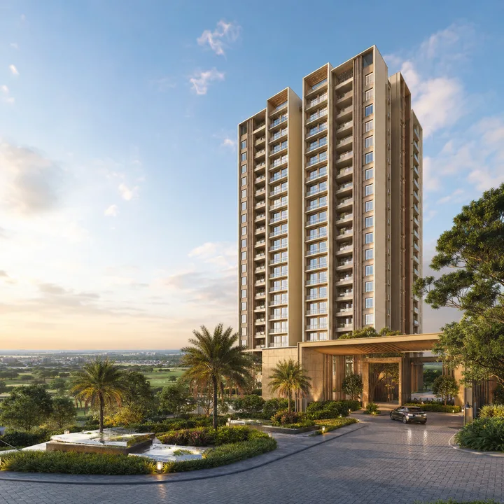 Godrej MSR City — Phase 3 G+15 tower rising over the landscaped township arrival court Godrej MSR City — Phase 3 G+15 tower rising over the landscaped township arrival court