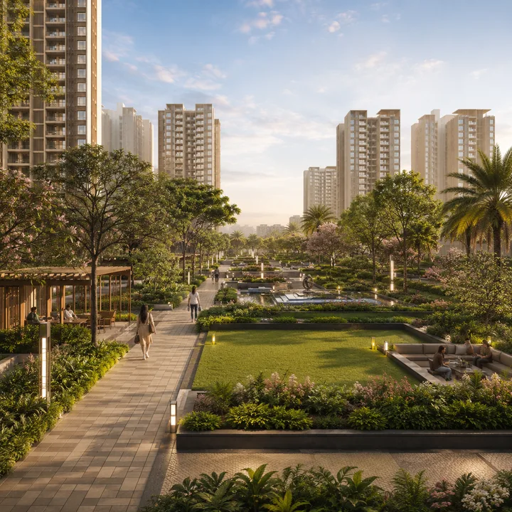 Godrej MSR City — Phase 3 central landscaped green spine with walkways and seating courts threading between the towers Godrej MSR City — Phase 3 central landscaped green spine with walkways and seating courts threading between the towers