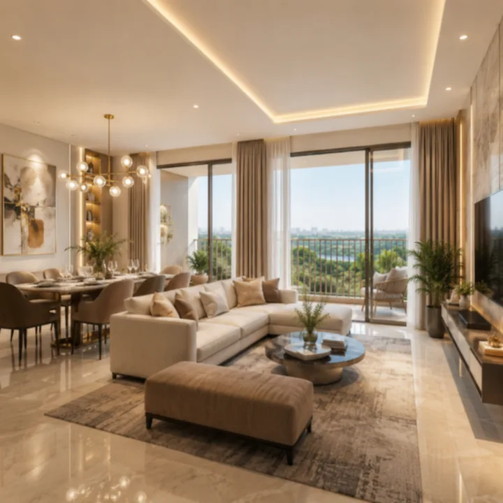 Godrej MSR City — Phase 3 representative 3 BHK living-dining interior with balcony aspect and corridor views Godrej MSR City — Phase 3 representative 3 BHK living-dining interior with balcony aspect and corridor views