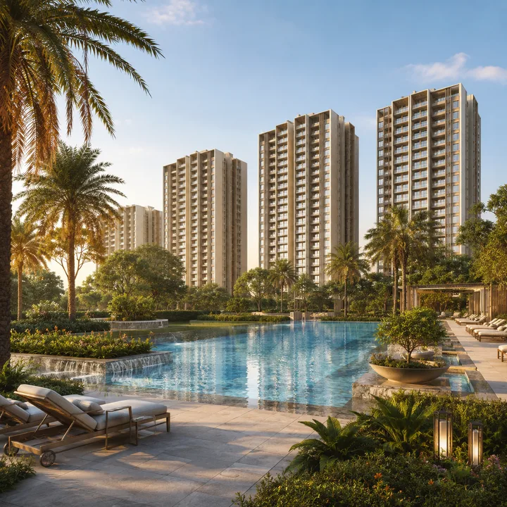 Godrej MSR City — Phase 3 swimming pool deck at the central landscape with the towers rising behind Godrej MSR City — Phase 3 swimming pool deck at the central landscape with the towers rising behind