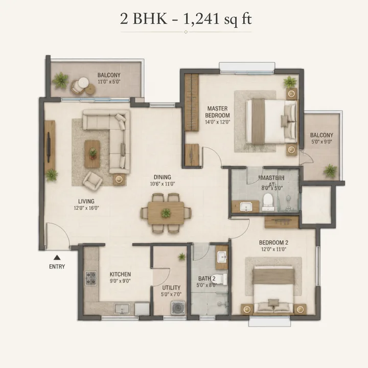 Godrej MSR City — Phase 3 2 BHK 1,241 sq ft floor plan layout Godrej MSR City — Phase 3 2 BHK 1,241 sq ft floor plan layout