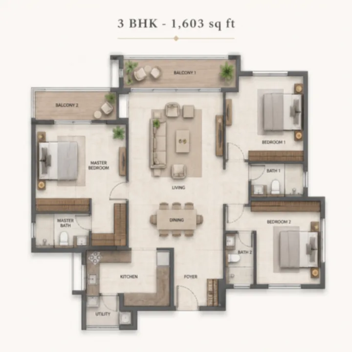 Godrej MSR City — Phase 3 3 BHK 1,603 sq ft floor plan layout Godrej MSR City — Phase 3 3 BHK 1,603 sq ft floor plan layout