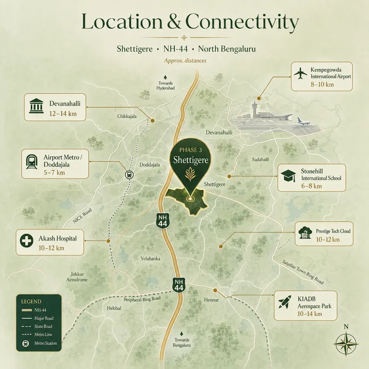 Godrej MSR City — Phase 3 location map showing Shettigere, NH-44 / Bellary Road, Kempegowda International Airport, the Airport metro line and nearby landmarks Godrej MSR City — Phase 3 location map showing Shettigere, NH-44 / Bellary Road, Kempegowda International Airport, the Airport metro line and nearby landmarks